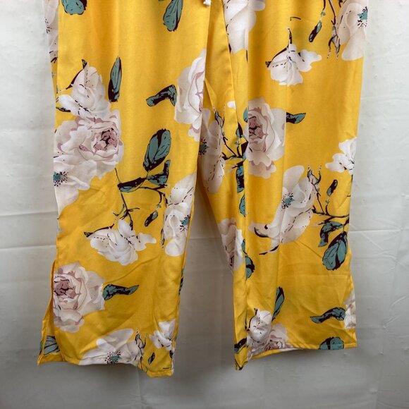 Shein Curve Size 1XL Yellow Floral Elastic Waist Wide Leg Pants - Picture 3 of 6